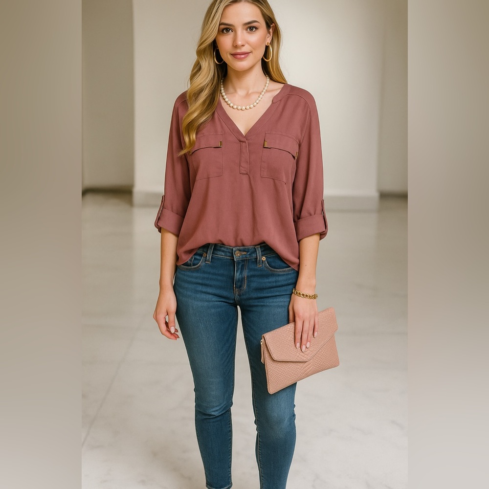 Chic Mauve Sheer Blouse Gold Details 3/4 Tab Sleeves Career Office Chic Tunic